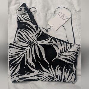 Zara Black and White Tropical One-Shoulder Top